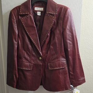 Vintage 90s Preston & York Studded Burgundy Lamb Skin Leather Blazer Size S